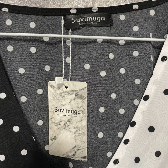 SUVIMUGA Black & White Polka Dot Asymmetrical Blouse with Ruched Sleeves - O/S - Picture 4 of 6